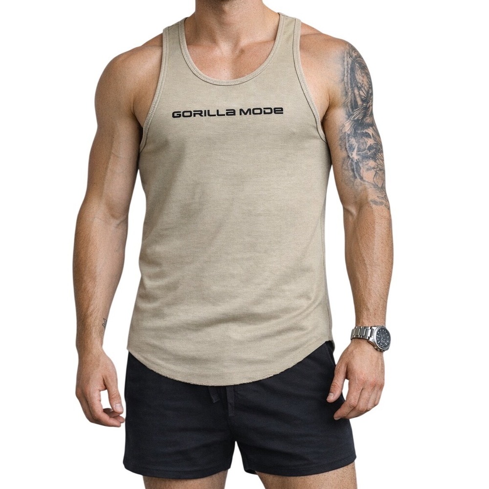 Gorilla Mode Tank Top Mens Large Tan Ribbed‎ Curved Hem Gym Fitness Streetwear
